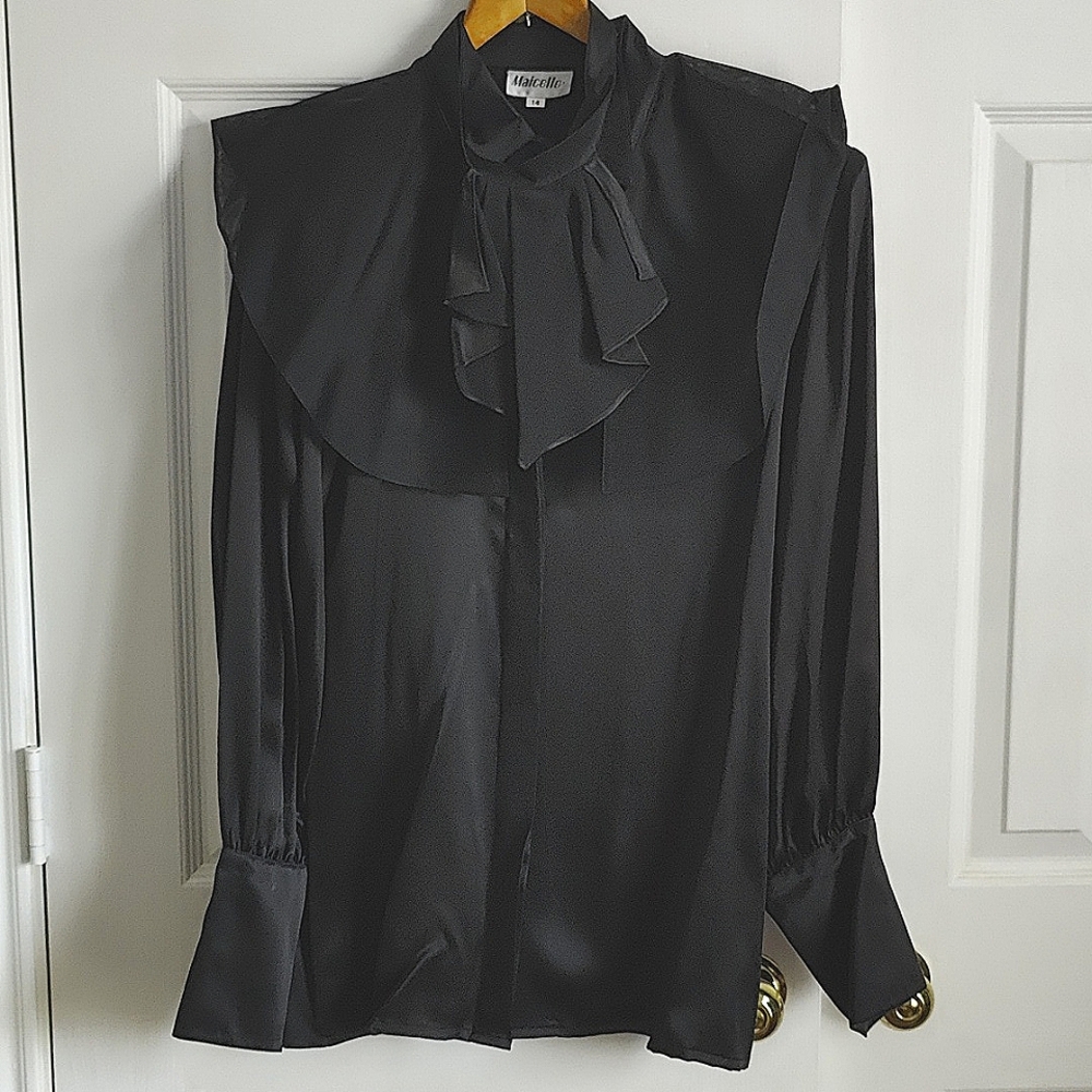Women's Elegant 100% silk Stand Collar Blouse with detachable ruffle tie